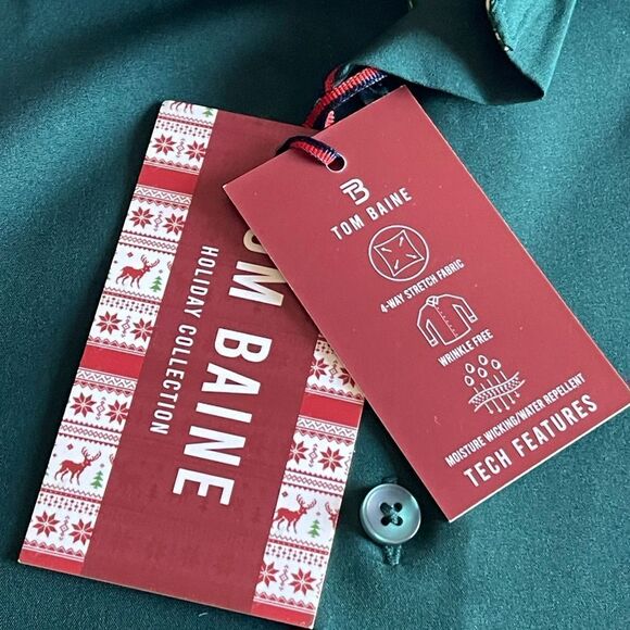 TOM BAINE Slim Fit Holiday Collection Button Down Dress Shirt Hunter Med NWT - Picture 11 of 16